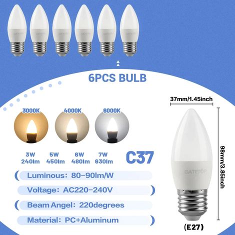 (6 ampoules LED bougie, blanc chaud 3000K) E27, convient à l'éclairage domestique. (1/4)