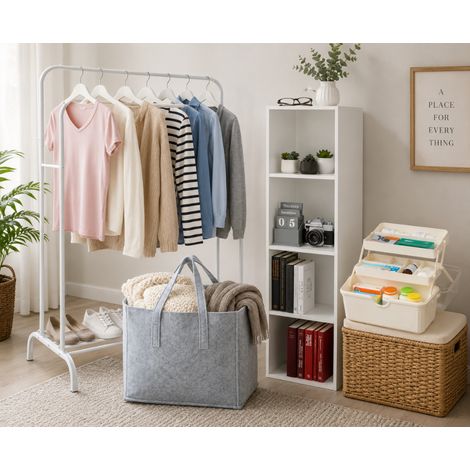 Ensemble de rangement pour toute la maison (4 pièces) – Boîte à pharmacie, étagère blanche, porte-manteau en fer et panier en feutre (1/5)