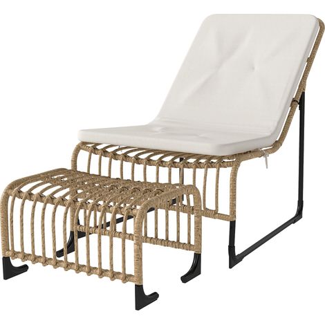 Fauteuil inclinable en rotin avec repose-pieds, chaise de jardin résistante aux UV avec coussins et sangles, 65 x 93 x 80 cm, bois naturel (1/5)