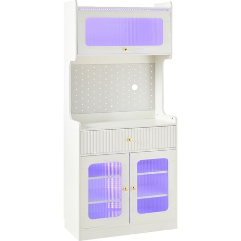 Madia alta con ripiani regolabili e cassetti, luci LED e vetro rigato, bianca, 80x40x180 cm (1/5)