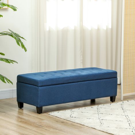 Panca contenitore da 94,5 litri, panca da comodino in tessuto effetto lino con gambe in legno, 125 x 49 x 41,5 cm, blu