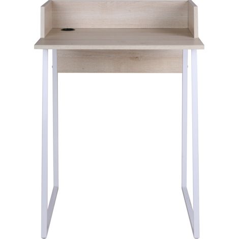 Bureau droit en mélamine chêne clair et métal blanc – Dimensions 60x48x84cm – Orifice de passage de câbles – Style scandinave – Herdasa
