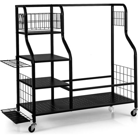 COSTWAY Organizer per Sacca da Golf, Supporto per 2 Borse da Golf con Extra Scaffale di Stoccaggio per Mazze da Golf, 6 Ganci Rimovibili e 4 Ruote per Garage e Club (1/5)