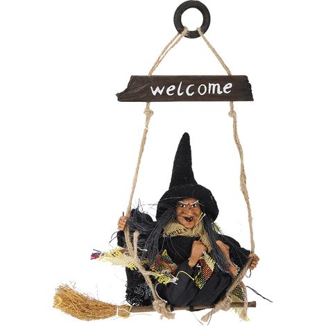 Sorcière volante suspendue réaliste avec balai, décoration de porte pour Halloween (Noire) (1/5)