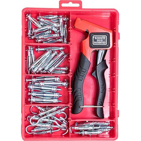 Kit de 62 pièces comprenant un outil de pose et des chevilles métalliques pour parois creuses (type Molly) – Fixations robustes pour parois métalliques creuses (1/2)