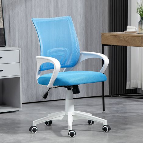 Sedia da ufficio girevole in rete con altezza regolabile, funzione di inclinazione e braccioli, portata massima 120 kg, colore azzurro.