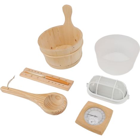 Kit sauna 4L comprenant un seau en bois, une cuillère de bain, une lampe hygrothermographe antidéflagrante, un sablier et une doublure.
