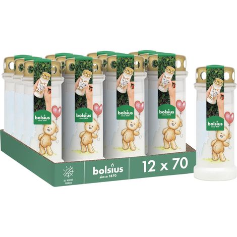 Lot de 12 bougies funéraires Blanc avec motif Ours en peluche Longueur de combustion Bougie de condoléances et de mémorial Combustion propre Sans huile de palme (1/5)