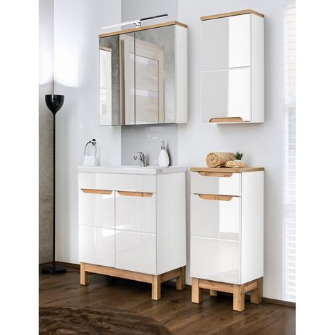 Badmöbel Set mit waschtisch 60cm Keramik-Becken SOLNA-56 in Hochglanz weiß, B/H/T ca.: 110/200/46 cm (1/5)