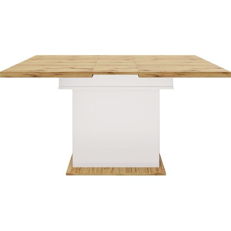 Mesa de comedor extensible 110-140 x 80 cm blanca en MDF y metal con almacenaje integrado (1/5)