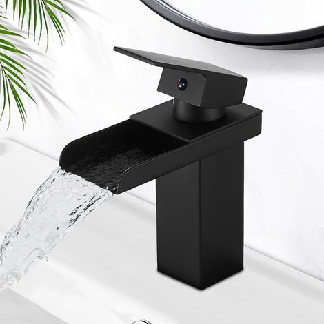 Robinet Lavabo Noir, Robinet Salle de Bain Cascade, Mitigeur Lavabo avec Eau Froide & Chaude Disponible, Valve en Céramique Épargnant D'eau, Mitigeur Salle de Bain Design Élégant (1/5)