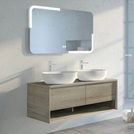 Distribain – Meuble bas de salle de bain double vasque 120 cm – 2 tiroirs – MDF scandinave – Système Push-Open – Miroir panoramique LED (1/5)