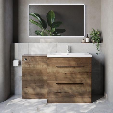 Napoli 460 Tobacco Oak 1300mm 2 Drawer Vanity Unit Toilet Suite with Glide Basin - 1300mm - Chrome 480mm HandleWithout Kingston Toilet Pan