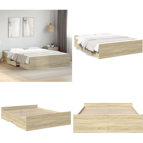 Cadre de lit avec tiroirs sans matelas chêne sonoma 160x200 cm - Cadre De Lit - Lit Double - Lit Avec Tiroirs - Meuble De Chambre - Rangement Sous Lit - Home & Living (1/5)