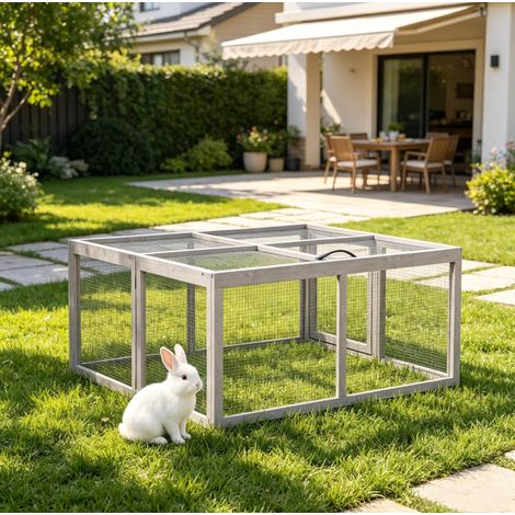 Enclos lapin extérieur 110x105x50 cm en bois gris, pliable gain de place pour jardin FloraGrace (1/5)