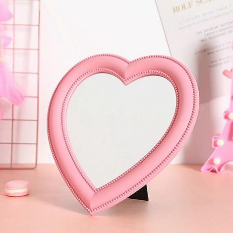 Miroir de bureau/mur double usage en forme de cœur rose, idéal pour la décoration de la maison, de la chambre, du dortoir ou de la salle de bain. (1/4)