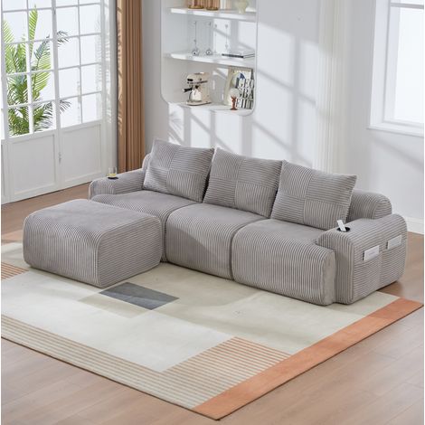 Divano modulare da 3 posti in tessuto a coste con pouf, portabicchieri e tasca laterale, grigio chiaro, 268x174x80 cm (1/5)