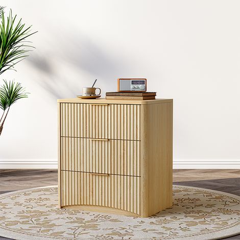 Table de Chevet Classique Eiche – 3 Tiroirs avec Rides Design, Poignées Métal Dorées, Glissières Silencieuses (1/5)