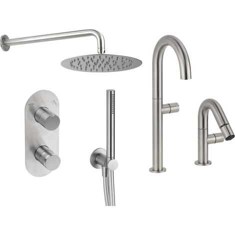 Ensemble salle de bain complet acier AISI 316L avec mitigeur lavabo haut bidet et douche encastrée 2 voies Arqea Helix KITHELIX2 (1/5)
