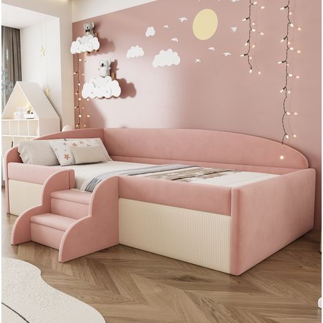 Cama tapizada 90x190 cm con escalones, barandillas y somier de lamas rosa y blanco HAVRYA (1/5)