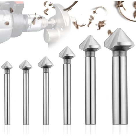 Set of 6 HSS 90° countersink bits, chamfering drill bits, high precision for deburring and metalworking, various sizes. (1/5)