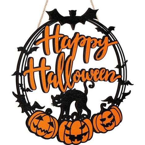 Halloween-Kürbis-Hängeschild, Willkommensschild für die Haustür, Dekoration mit schwarzer Katze. (1/5)