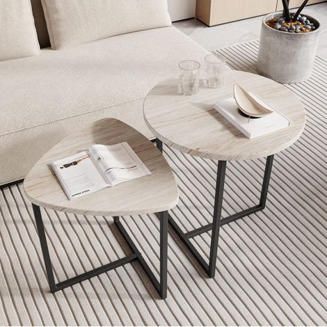 Lot de 2 tables basses rondes style industriel, effet chêne blanc américain avec structure métal noire (1/5)