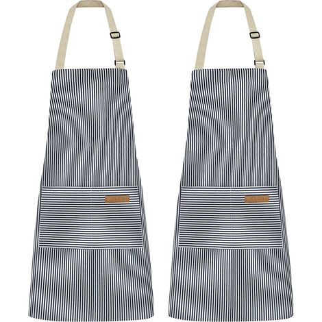 Blau gestreifte Schürzen, 68 x 75 cm, 2er-Set, verstellbare Nackenschürzen für Restaurants und Küchen. (1/5)