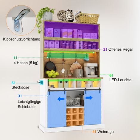 Meuble de cuisine 191 cm, armoire haute avec LED, étagère avec prise électrique, crochets, cave à vin et vaisselier pour cuisine et salle à manger (1/5)