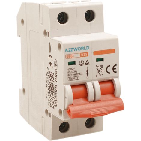 MCB Interruttore Magnetotermico Automatico Curva B 2P 2M 6000A AC 400V IP20 SB6L, Corrente Disponibili 6A 10A 16A 20A 25A 32A 40A 50A 63A  (B25A)