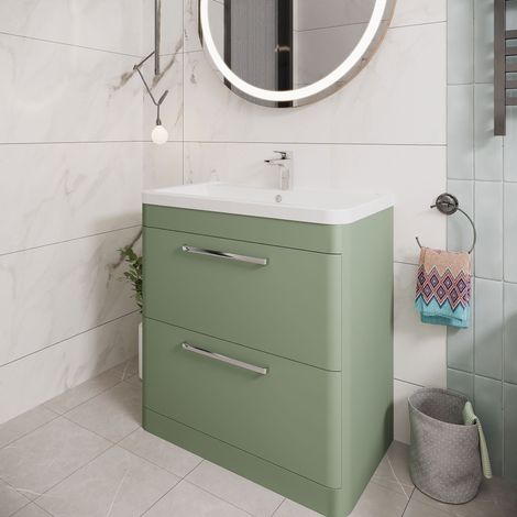 Hudson Reed Solar Matt Fern Green 800mm Floor Standing 2 Drawer Vanity Unit and Polymarble Basin - SOL803 (1/5)