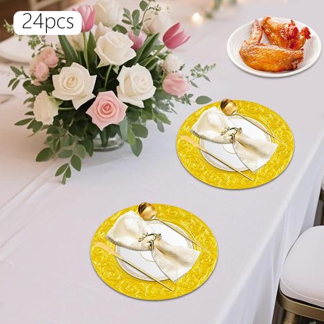 24 Pcs Charger Plates Bulk for Wedding Table Decor, 33cm Large Round Plastic Underplates with Embossed Rim, Reusable Service Plates for Christmas, Party and Events, European Retro Style (1/5)
