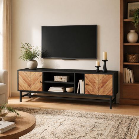 Meuble TV 150 cm noir et bois, avec 2 placards et rangements ouverts HAVRYA (1/5)