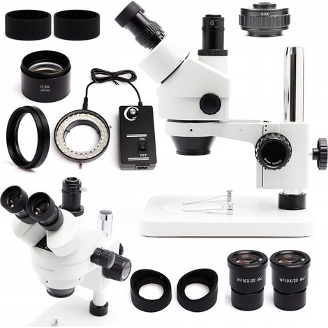 Microscope stéréoscopique trinoculaire 10HT (objectif 0,5x + éclairage LED 56x + verre de protection + adaptateur 0,5 + lentilles profilées) (1/5)