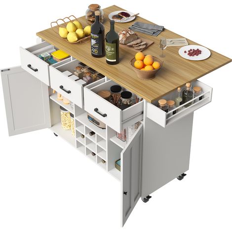 ELVMI Carrello da Cucina con 3 Cassetti, 2 Ante, Piano Pieghevole, Portasciugamani e Portaspezie, Bianco (1/5)