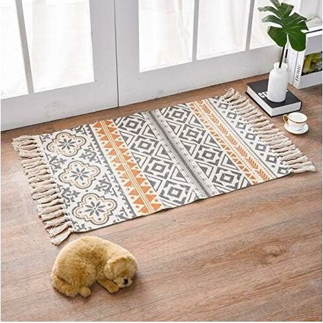 Tapis Ethnique - 60 x 90 cm - Motif Géométrique - Bordure à Franges - Anti-dérapant - Coton et Polyester - Pour Salon Chambre Salle de Bain Balcon (1/5)
