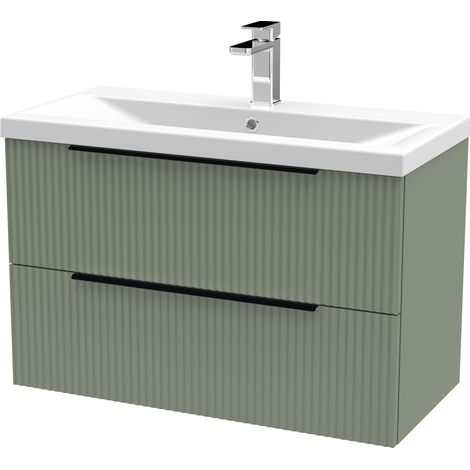 Fluted Front Wall Hung 2-Drawer Bathroom Vanity Unit with 1 Tap Hole Basin, 800mm, Satin Green, Black Handles