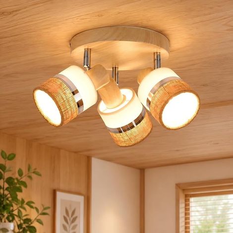 ZMH LED Plafonnier trois lampes rondes E14 rotatives aspect bois rétro abat-jour en tissu style bohème corps en métal puissance maximale 25 W convient aux couloirs salons chambres et cuisines ampoules (1/5)