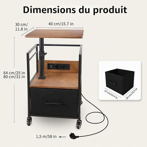 Bedside Table Solid Wood Flat Top Swivel 360° Height Adjustable Height 64-80 cm Sockets 2AC 220V 2USB 5V 2.1A Storage Column Reinforced