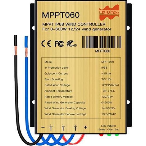 Controlador de carga para turbina eólica, gestión automática de la batería, diseño impermeable, 600 W, 12 V/24 V. (1/2)