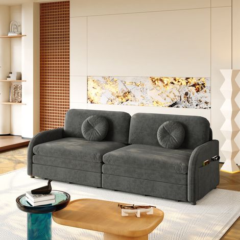 MODFU – Canapé-lit 3-en-1 coulissant 166x84x90 cm chenille – Couchage double et méridienne – Poches latérales et structure bois/métal – Studio – Gris (1/5)