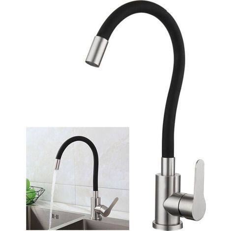 Robinet de Cuisine Flexible Bec Haut Orientable Librement Mitigeur Évier Flexible Acier inoxydable brossé et Noir Robinet Evier Monotrou à Eau Chaude et Froide (1/5)
