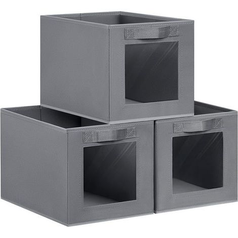 Ensemble de 3 paniers de rangement pliables en tissu, forme cube 23 x 23 x 34 cm Avec fenêtre transparente, compartiment pour vêtements et tiroir, gris foncé (1/5)