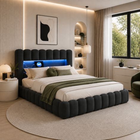 Lit coffre 160x200cm, sommier à lattes, lit double adult avec LED et ports USB, rangement hydraulique, lin gris