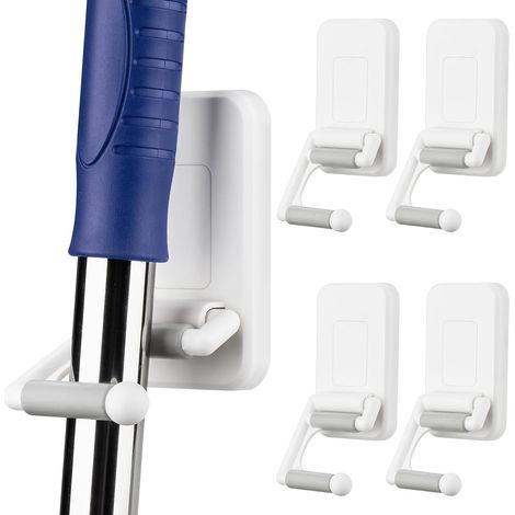 Set di 4 supporti da parete per scope e mop, adesivi, senza bisogno di forare, ideali per organizzare garage, cucina e casetta da giardino (1/5)