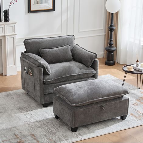 Lesesessel 103 x 85 x 91 cm grau mit Stauraum-Hocker aus Chenille MEUBLIV (1/5)