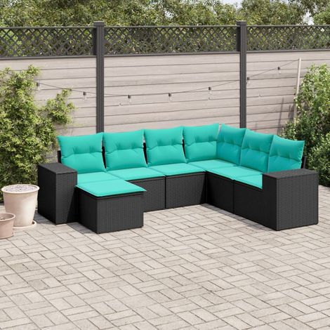 7-teiliges Gartensofa-Set mit Kissen, schwarzes Polyrattan (1/5)