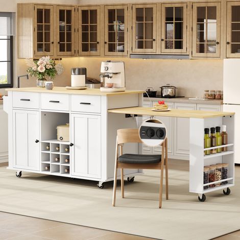 Îlot central de cuisine mobile 136-223 x 50 cm blanc et chêne avec plan extensible, 3 tiroirs, casiers, porte-bouteilles, prises USB (1/5)