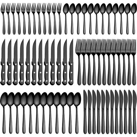 Couverts de Table 12 personnes, 72 Pièces Couvert Noir, Set de couverts en acier inoxydable avec couteau à steak, compris fourchettes, cuillères, couteaux, résistant au lave-vaisselle (1/5)