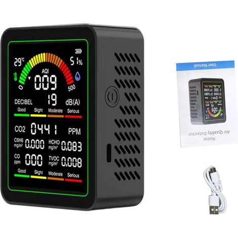 Monitor intelligente della qualità dell'aria, rilevatore di CO2 multifunzionale con fonometro, indice di rilevamento in tempo reale, HCHO, TVOC, temperatura, umidità, schermo LCD a colori per casa e u (1/5)